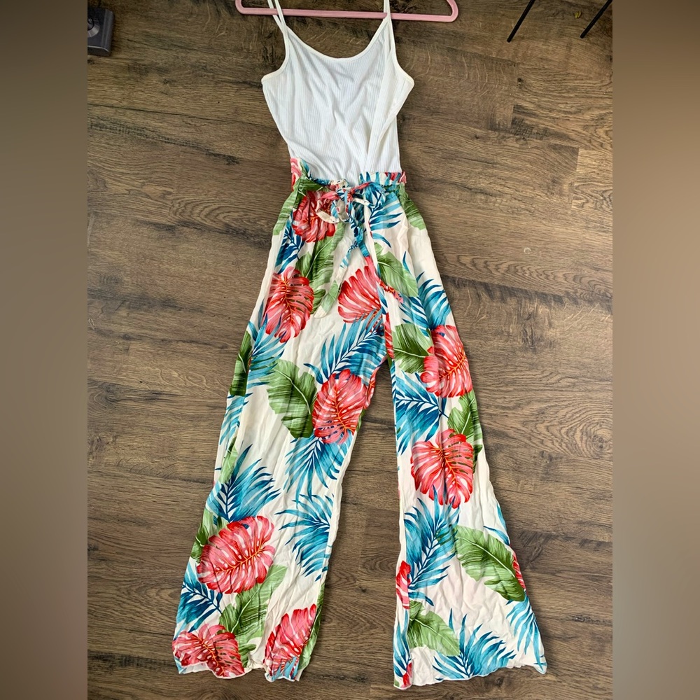 See you Monday spaghetti strap palm leaves floral white colorful jumpsuit size M